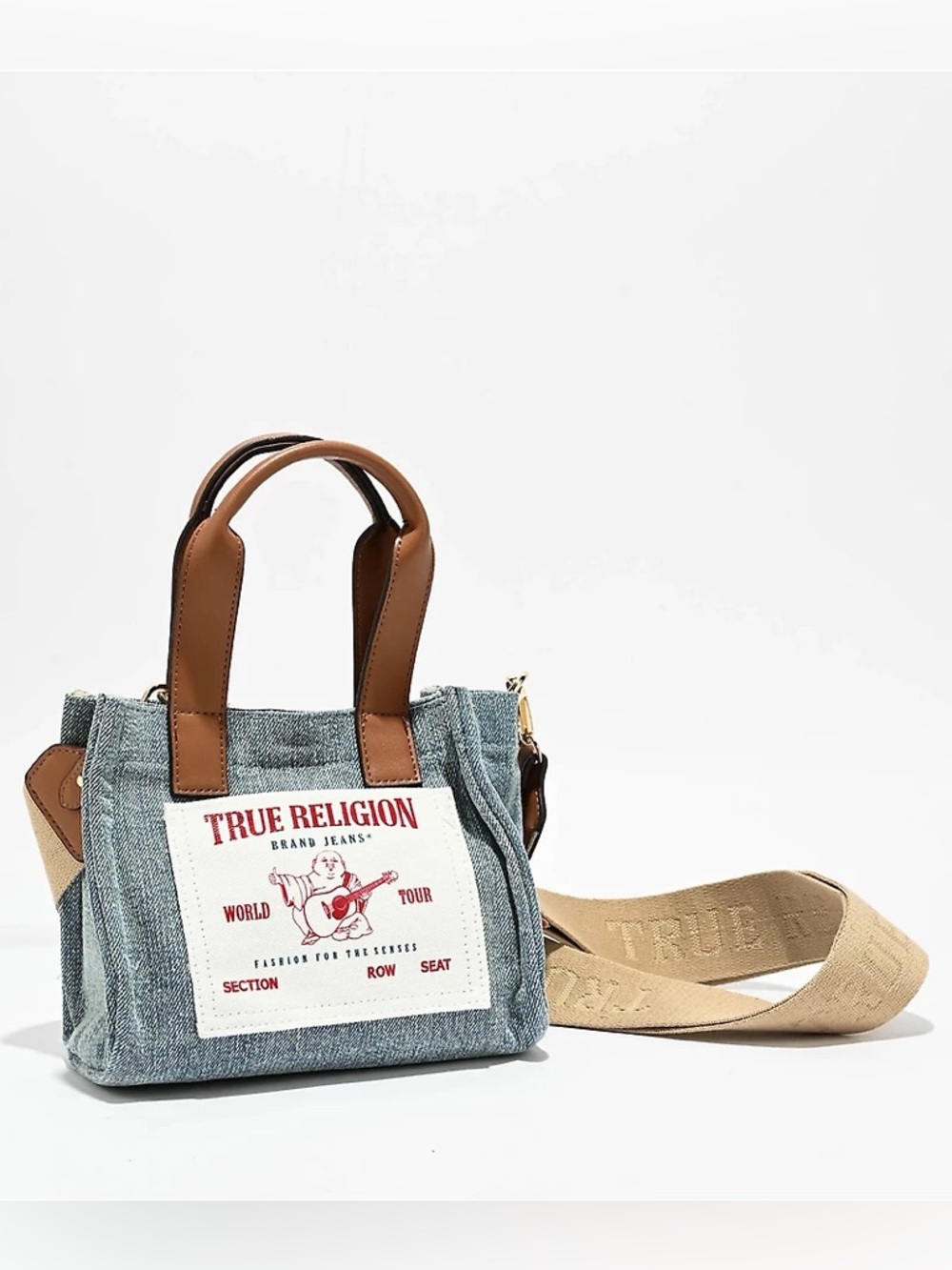True Religion Light Blue Denim Tote with Brown Handles and Red Logo Patch